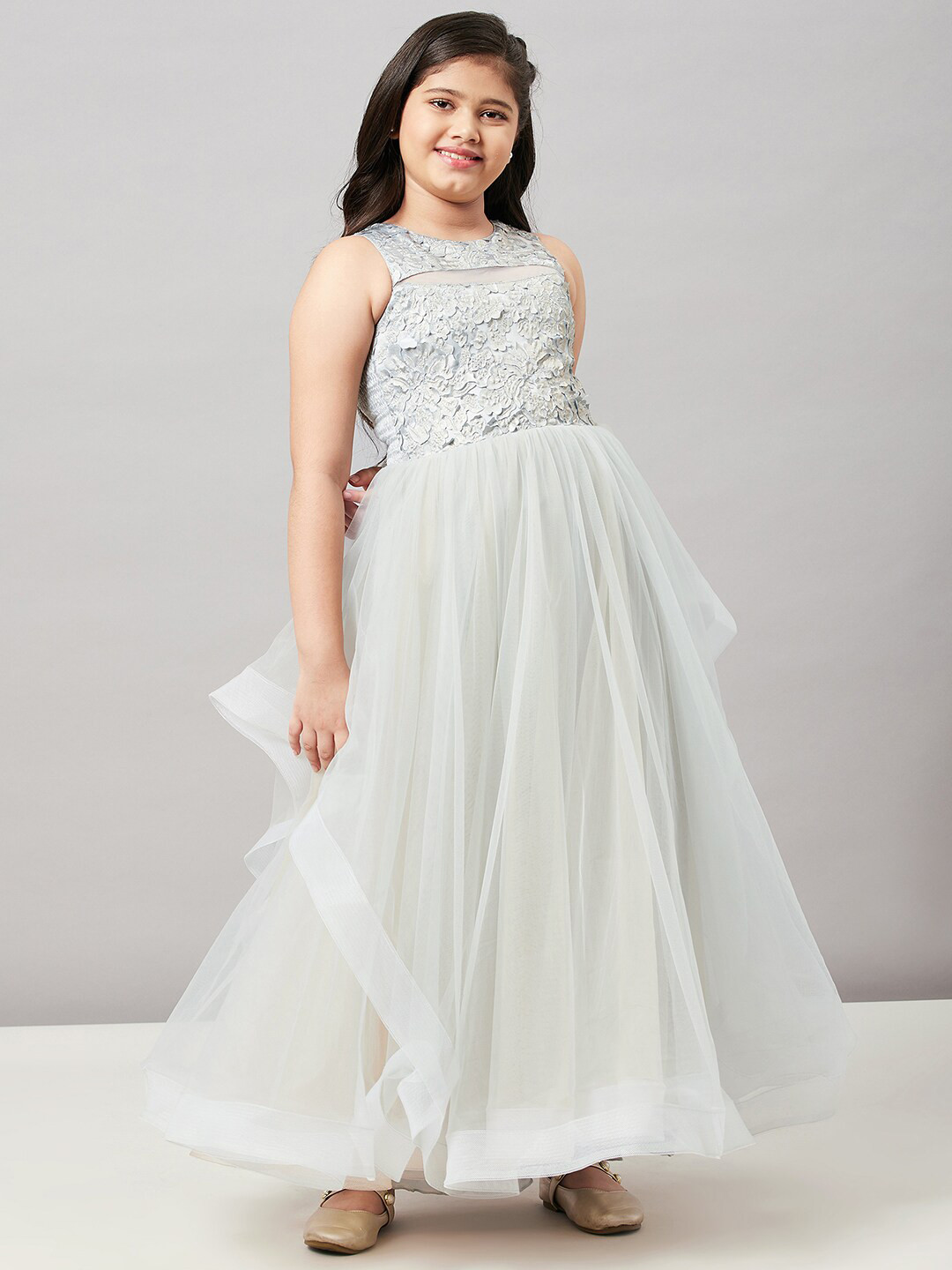 Stylo Bug Girls Grey Embellished Net Maxi Dress