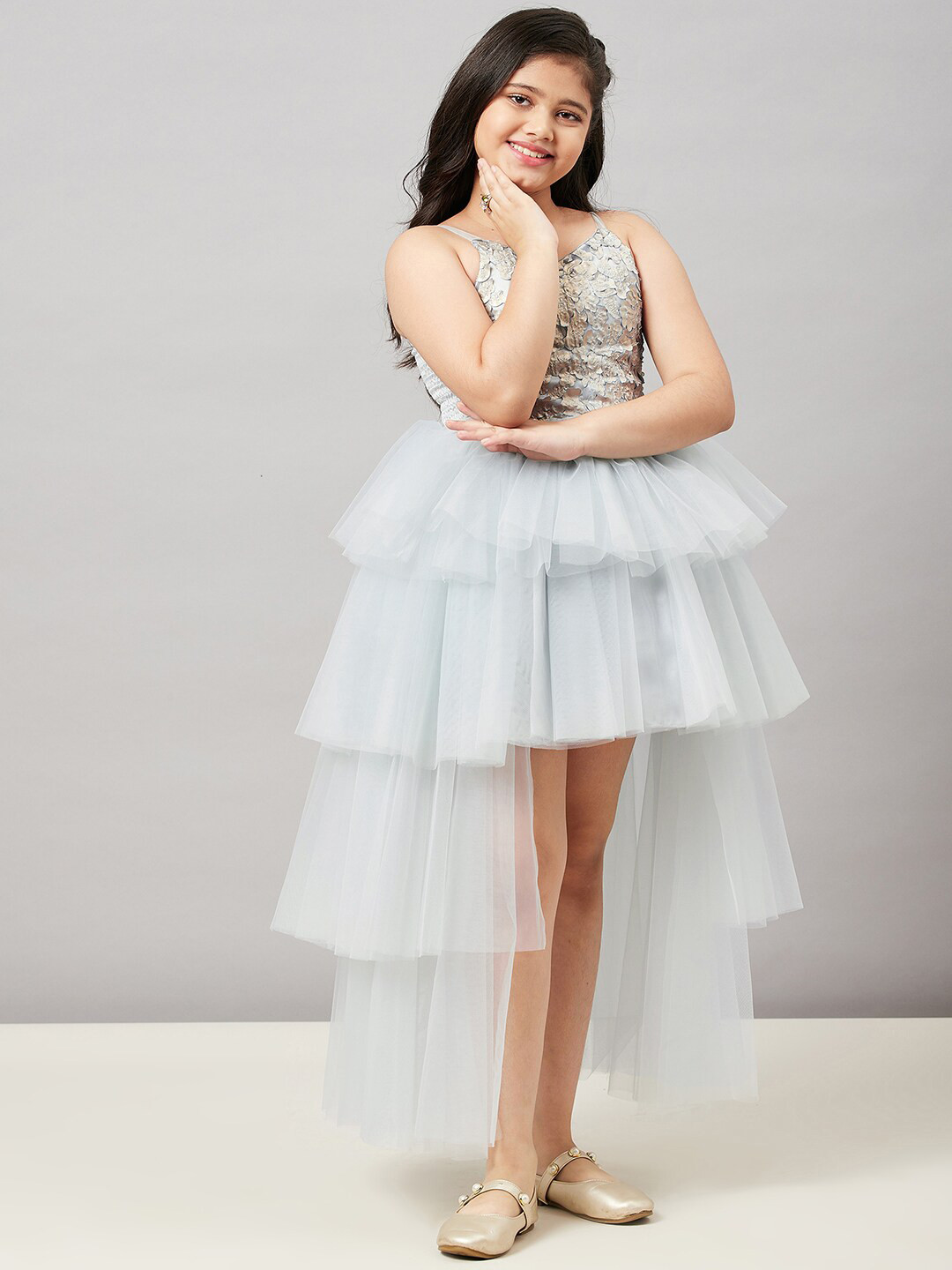 Stylo Bug Girls Grey Floral Net A-Line Dress