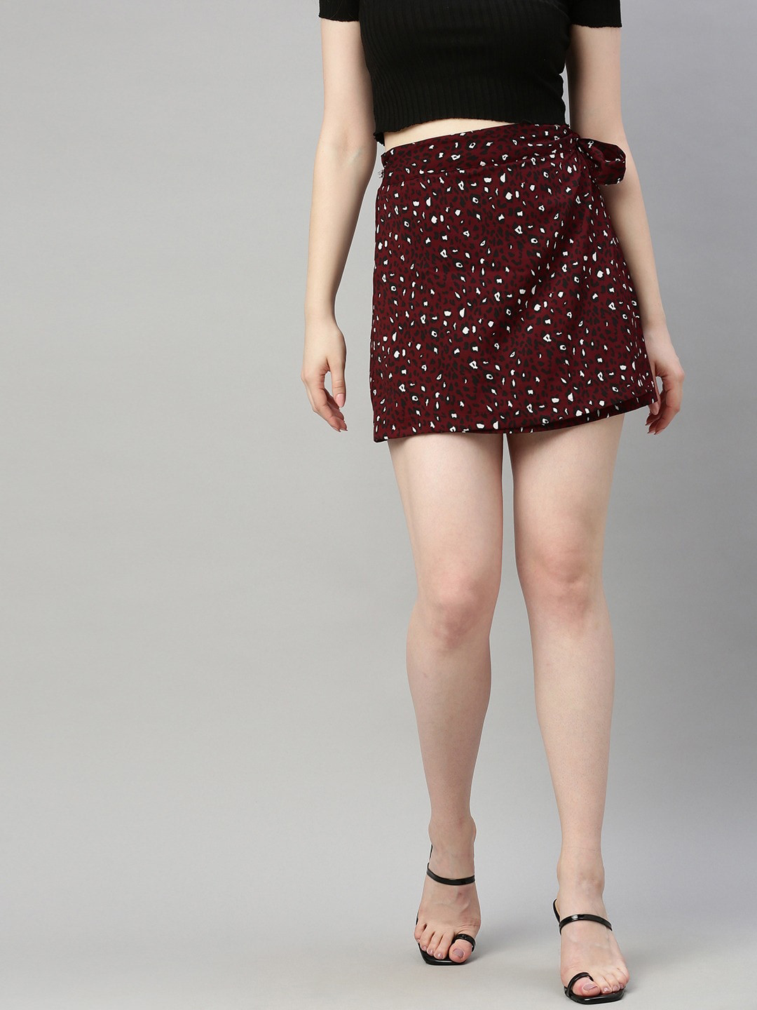 Sera Women Burgundy Printed Wrap Mini Skirt