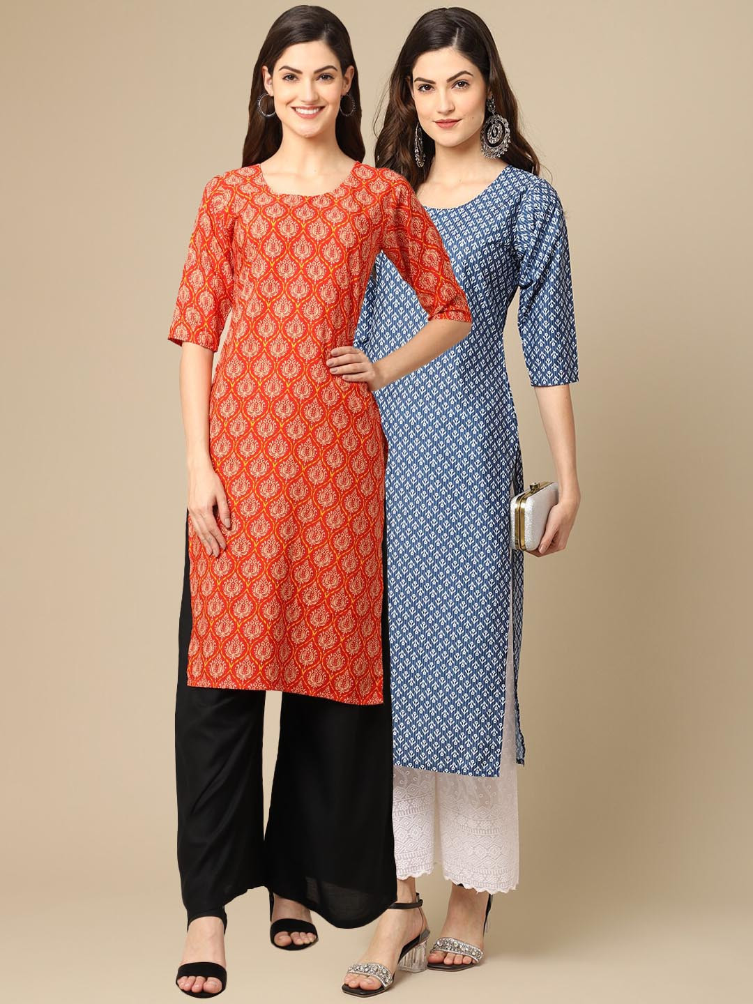 7Threads Women's Crepe Orange & Blue Color Printed Straight Handloom Kurta (PACK OF 2)