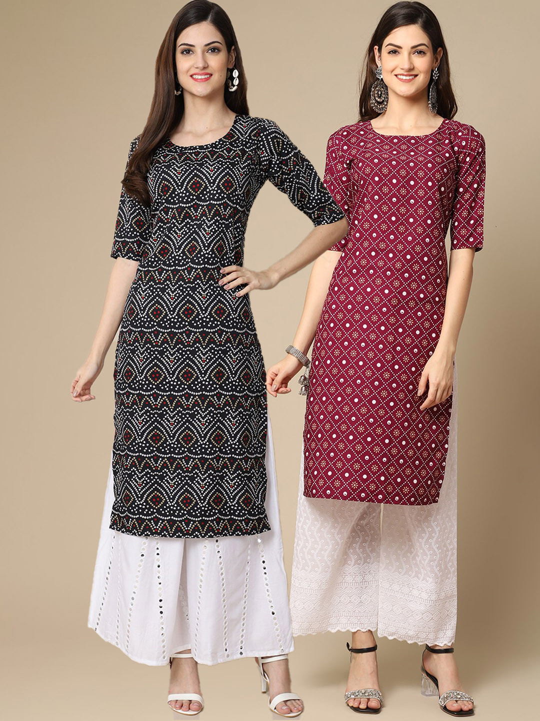 7Threads Women's Crepe Black & Maroon Color Ethnic Motif Printed Straight Kurta (PACK OF 2)