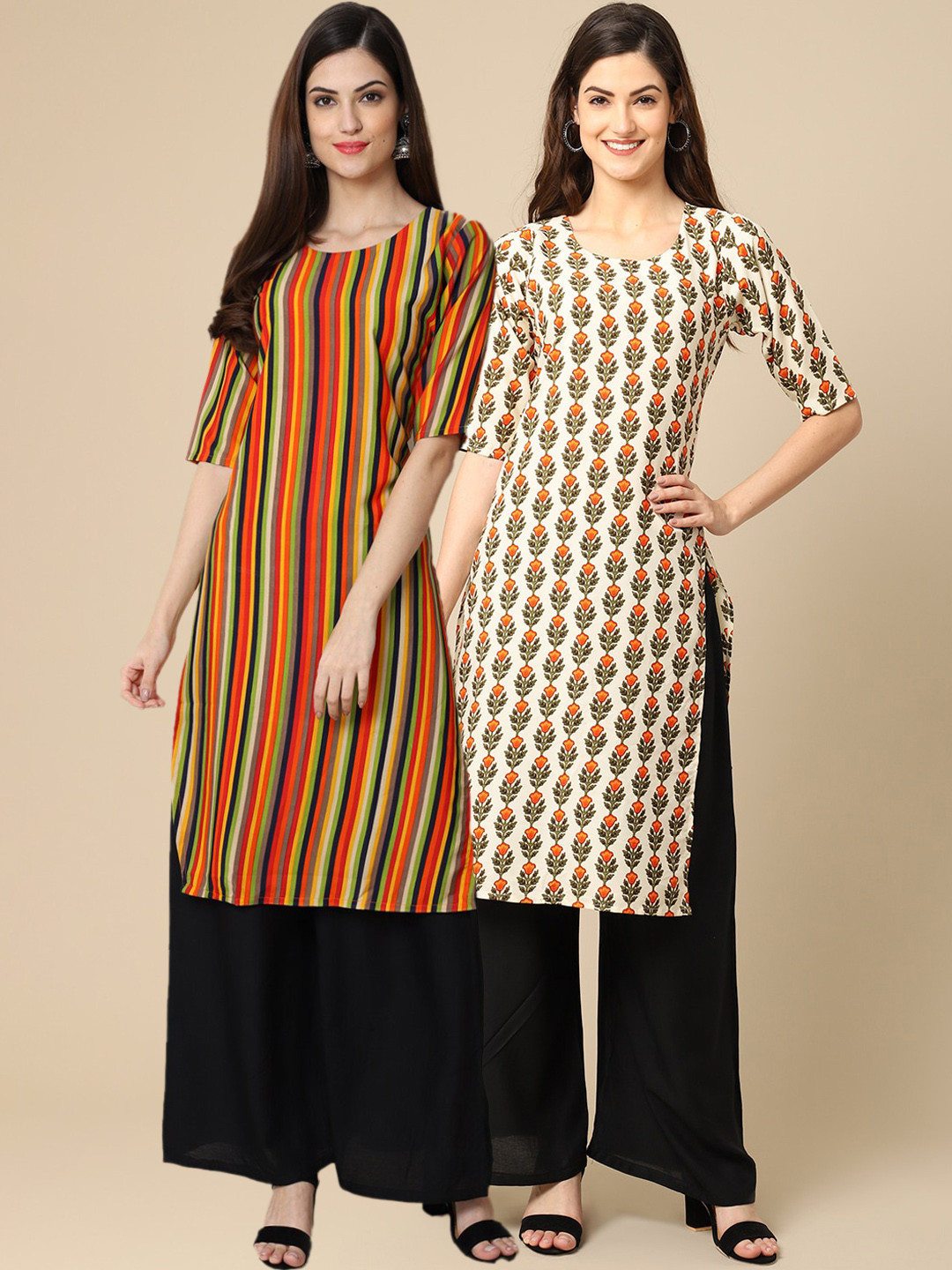 7Threads Women Pack of 2 Orange and Off white Block Print Handloom Crepe Kurta