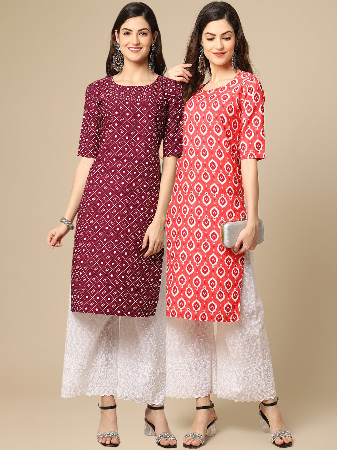 7Threads Women's Crepe Red & Maroon Color Ethnic Motif Printed Straight Kurta (PACK OF 2)