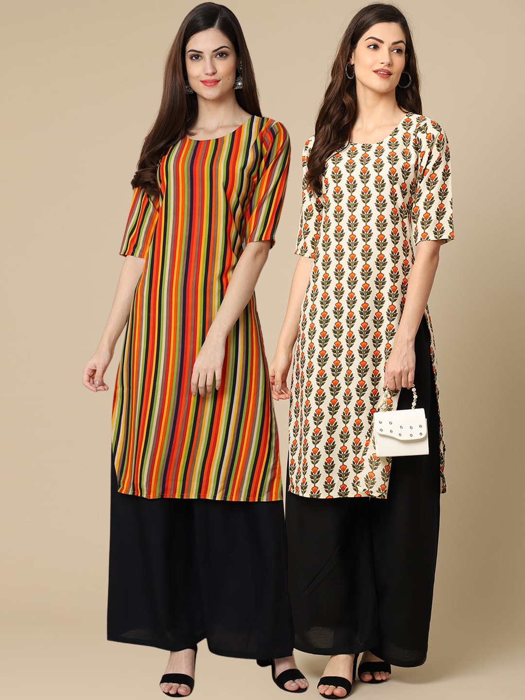 7Threads Women Pack Of 2 Orange & Cream-Coloured Printed Block Print Handloom Crepe Kurtas