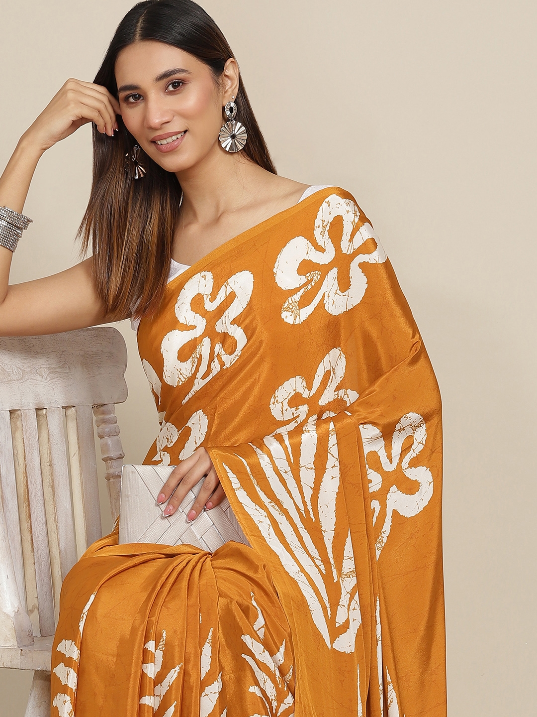Buy Tikhi Imli Mustard & White Floral Print Satin Saree -  - Apparel for Women