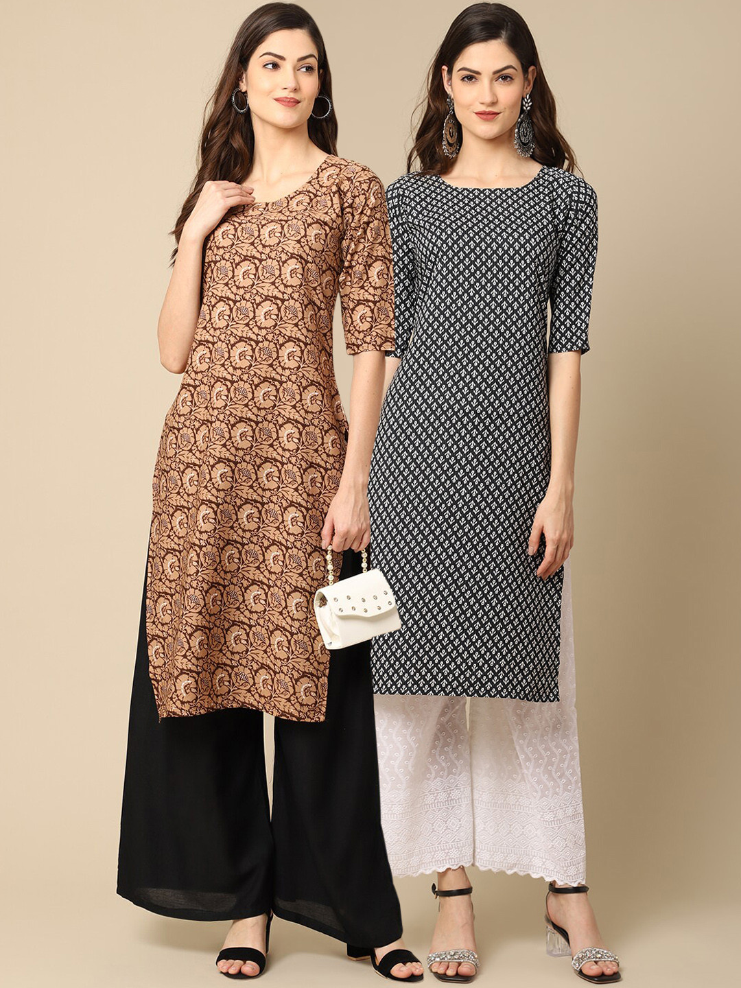7Threads Women's Crepe Brown & Black Color Ethnic Motif Printed Straight Kurta (PACK OF 2)