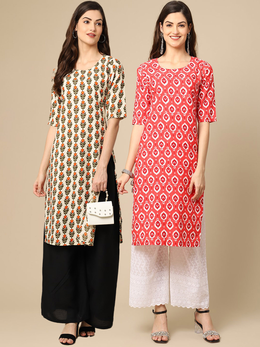 7Threads Women Cream-Coloured & Orange Geometric Printed Block Print Handloom Crepe Kurta