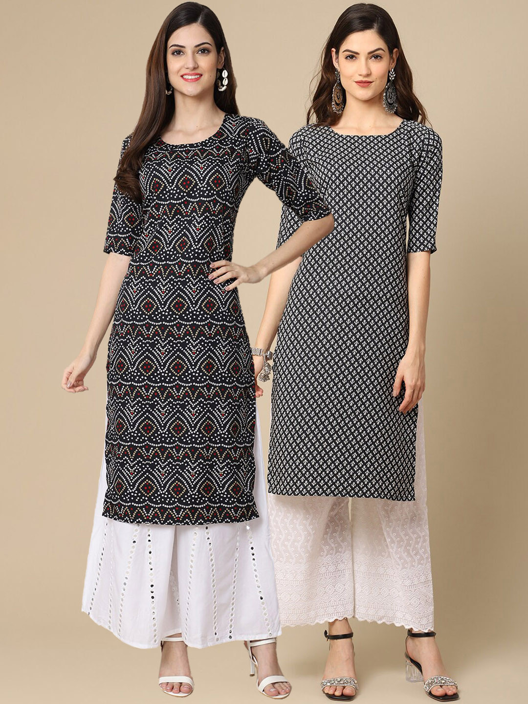 7Threads Women Pack Of 2 Black And Maroon Ethnic Block Print Crepe Kurta