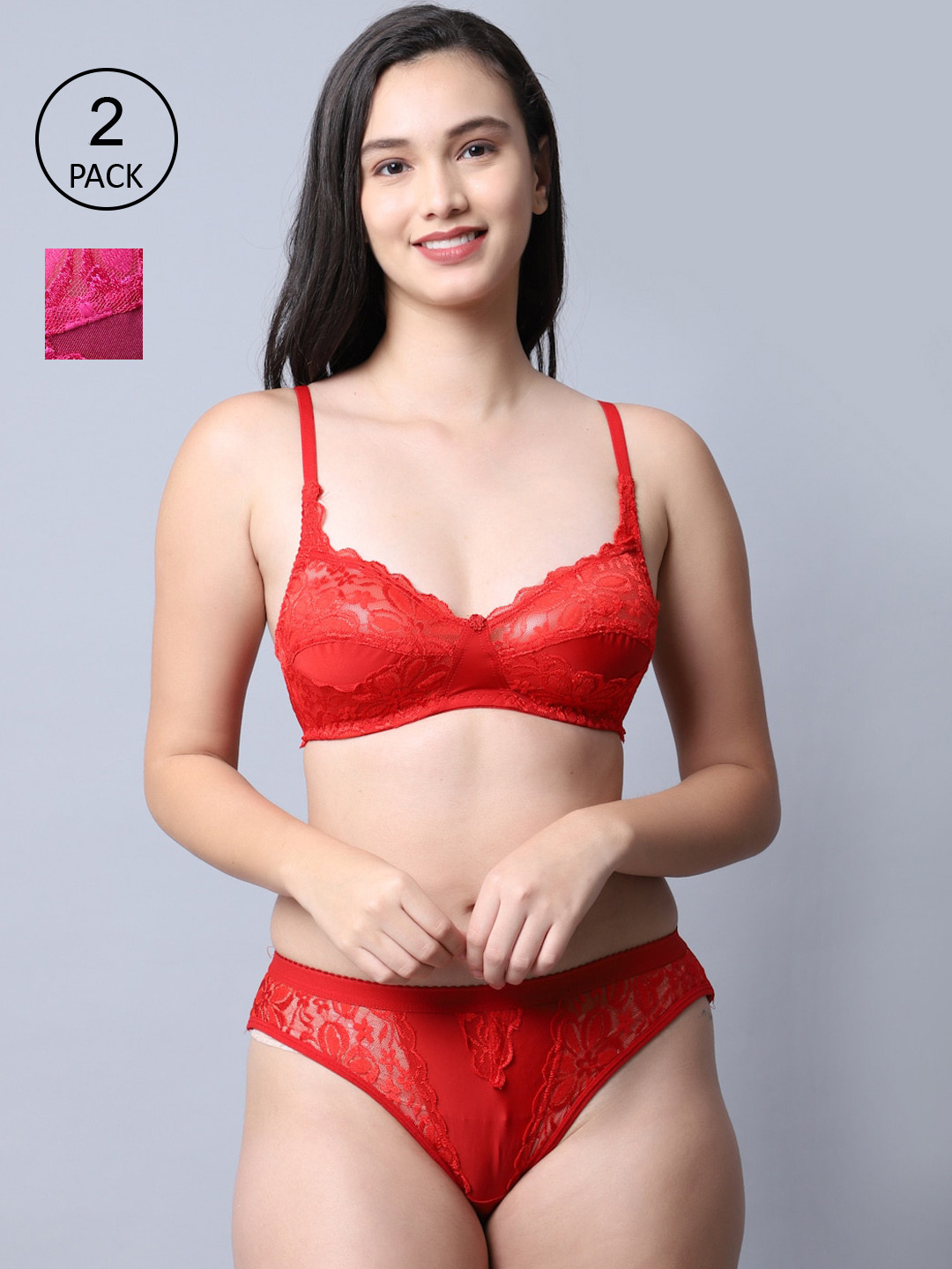 GRACIT Women Pack Of 2 Red & Pink Self-Designed Lingerie Set With Net
