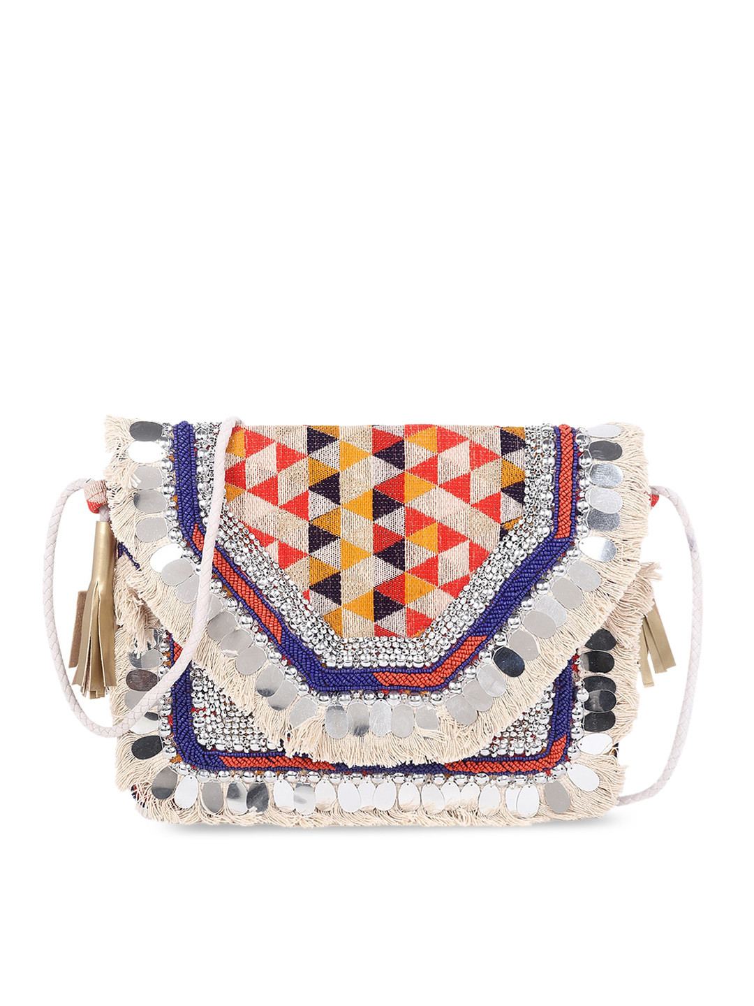 Swisni Women Red & Blue Textured Embroidered Boho Clutch Bag