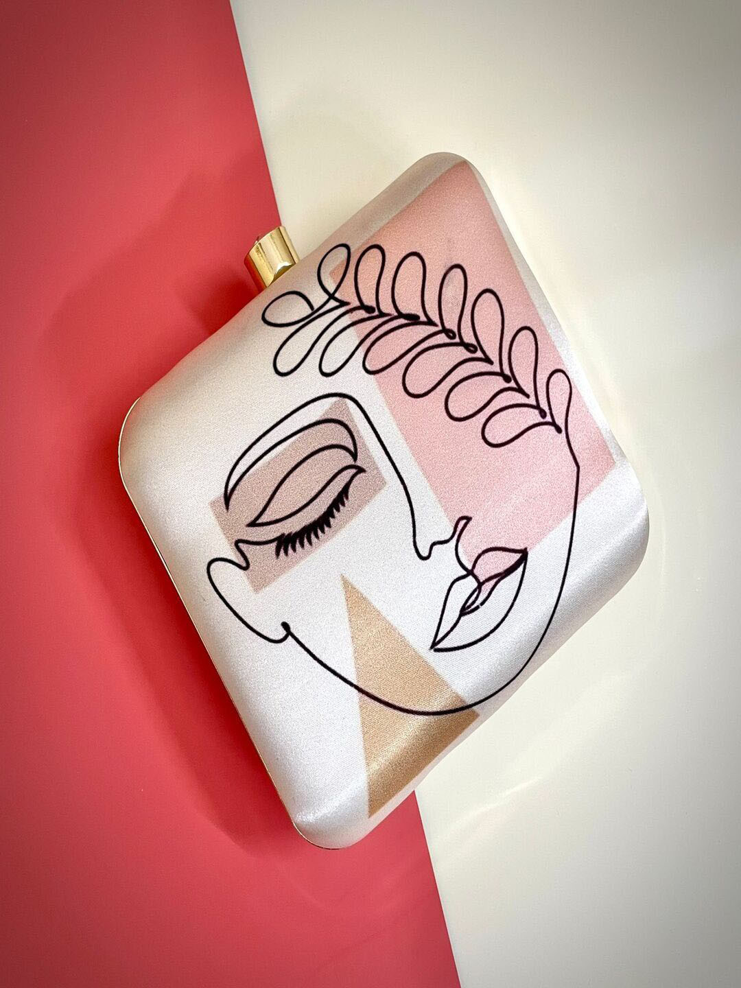 Swisni Cream-Coloured & Pink Printed Box Clutch