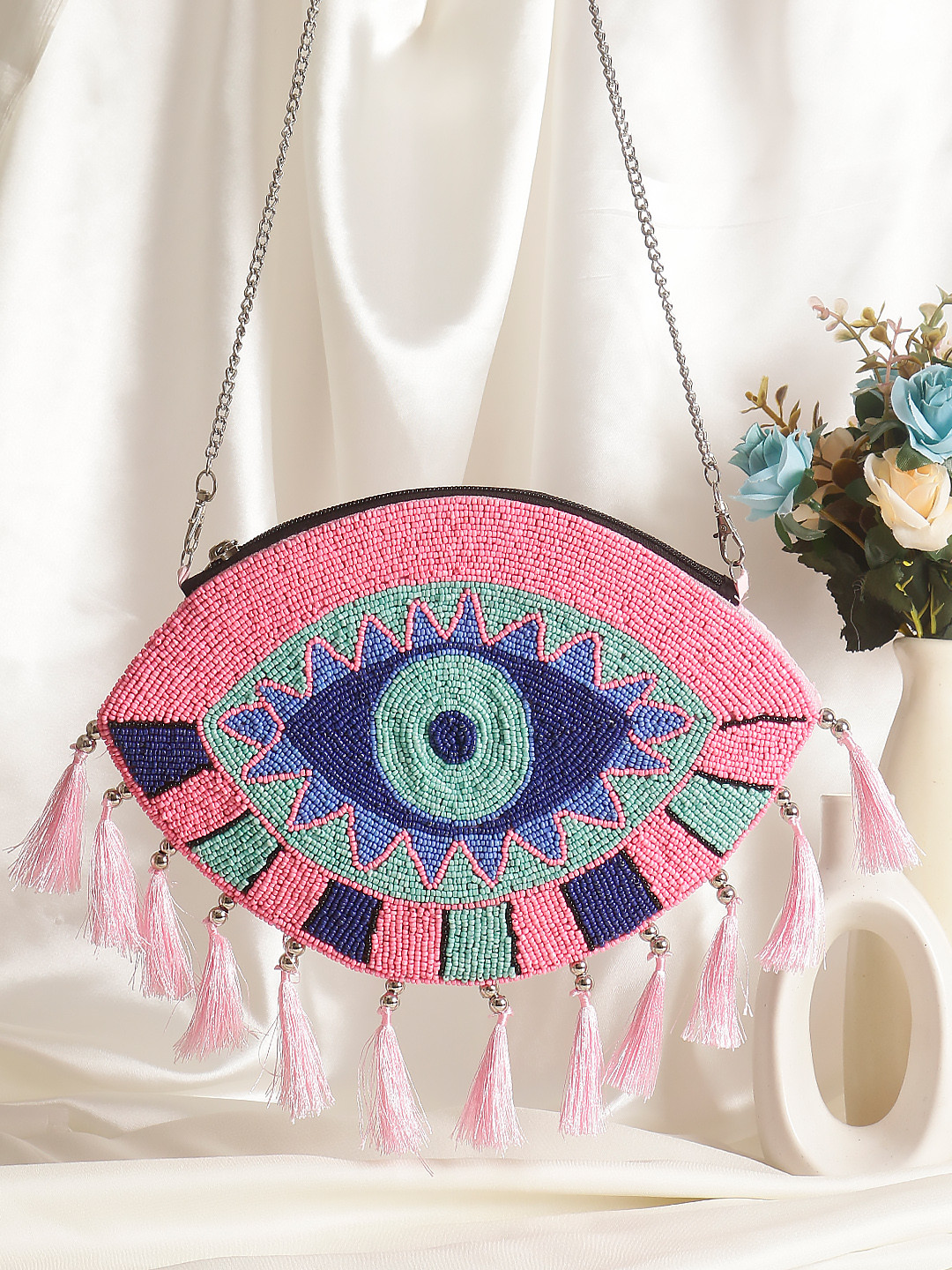 Swisni Women Pink & Blue Embellished Purse Clutch