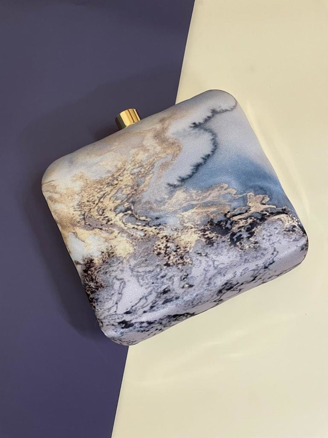 Swisni Blue & Off White Printed Box Clutch