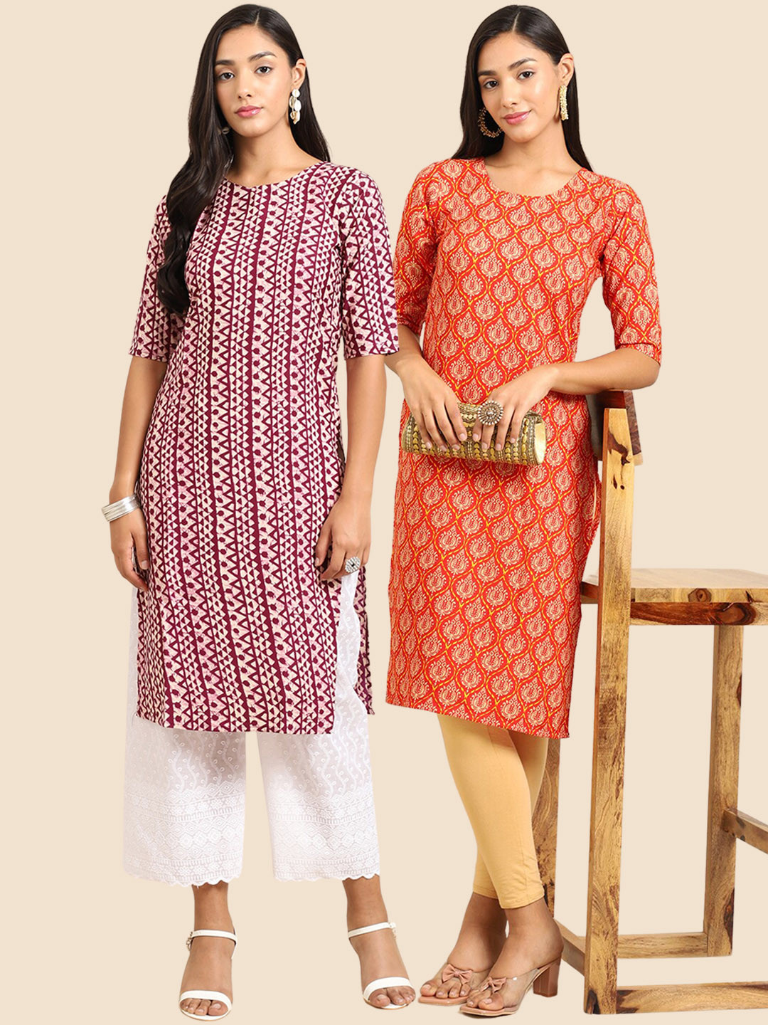 7Threads Women's Crepe Orange & Maroon Color Printed Straight Handloom Kurta (PACK OF 2)