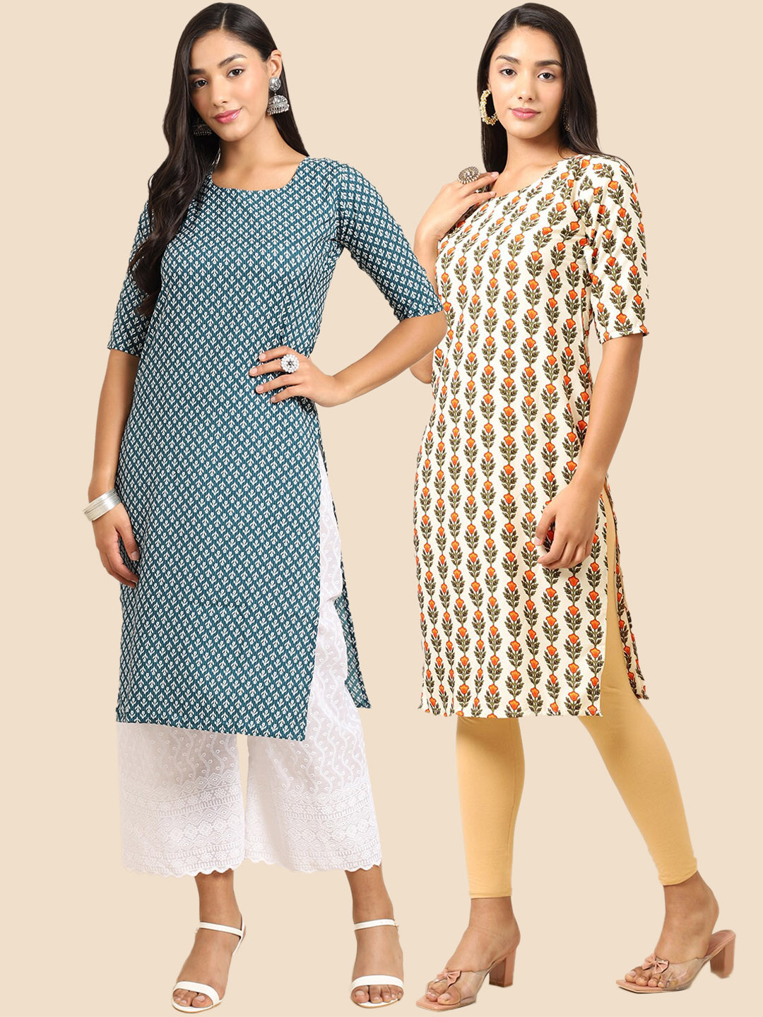 7Threads Women's Crepe Teal & Beige Color Printed Straight Handloom Kurta (PACK OF 2)