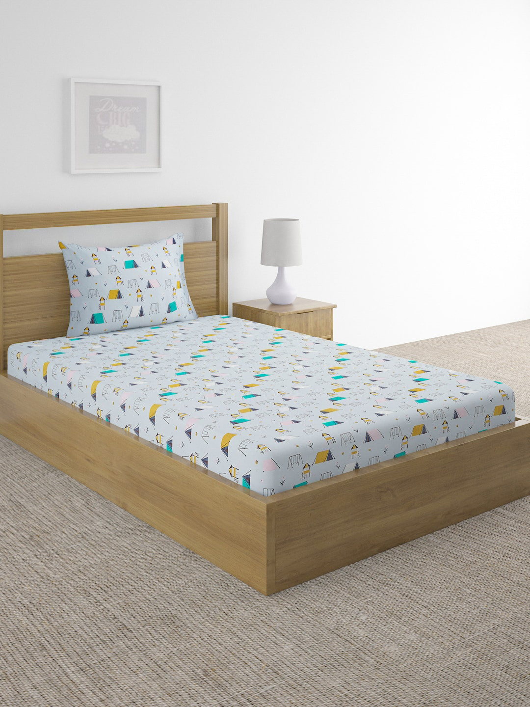 Fabindia Blue Conversational Cotton 180 TC Fitted Queen Fine Bedsheet with a Pillow Cover-59 x 98 inches