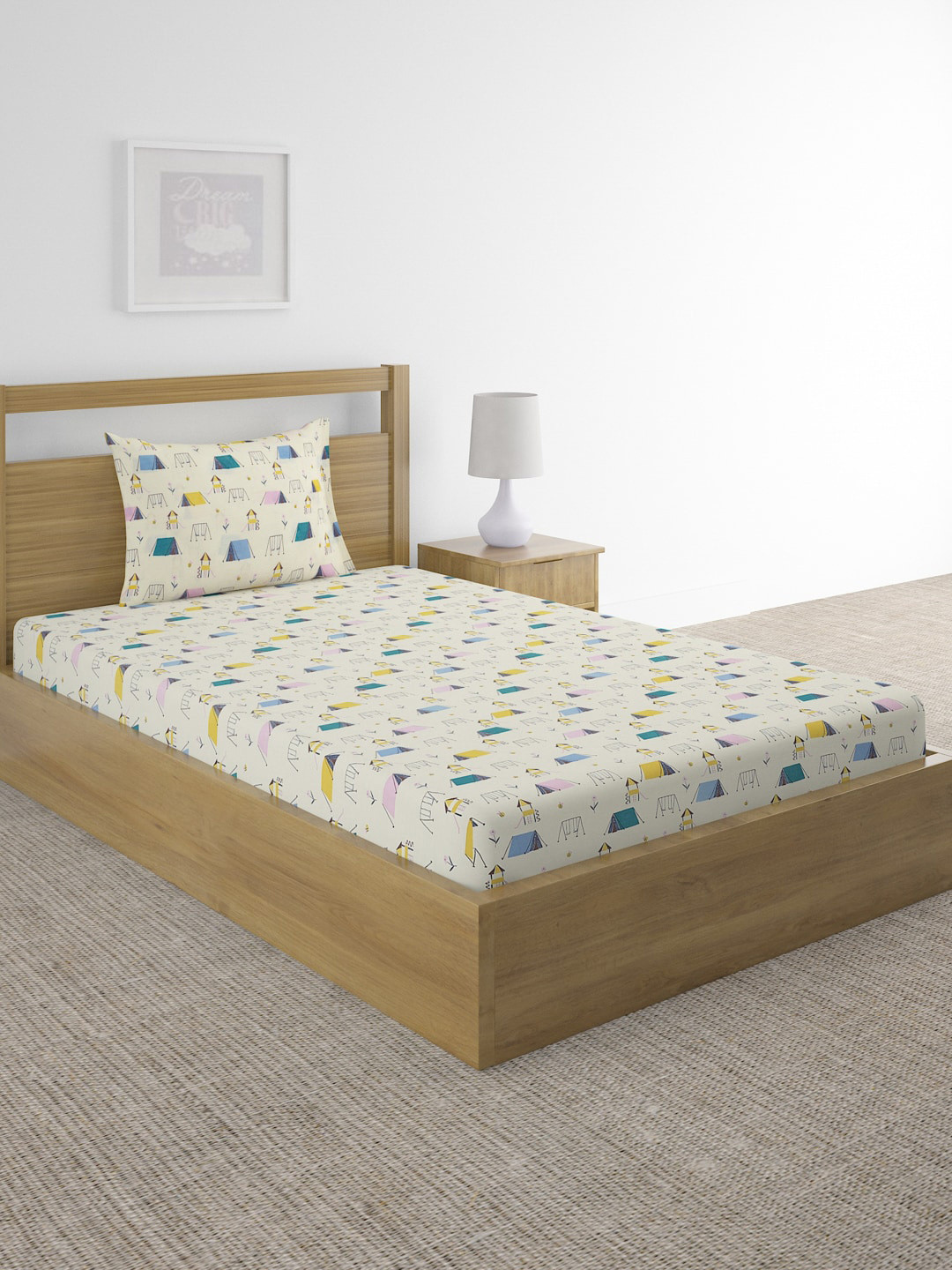 Fabindia Bon Voyage Beige Conversational Cotton 180 TC Fitted Queen Fine Bedsheet with a Pillow Cover-59 x 98 inches