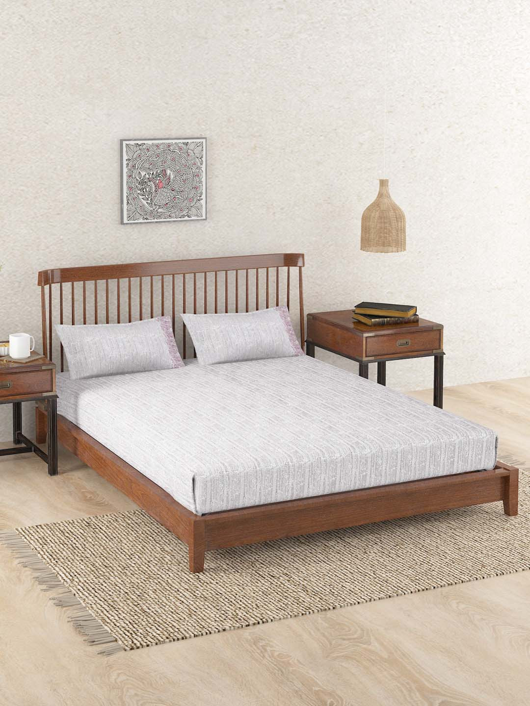 Fabindia Wine Ameera Red Striped Cotton 180 TC Double Fine Bedsheet with 2 Pillow Covers-59 x 98 inches