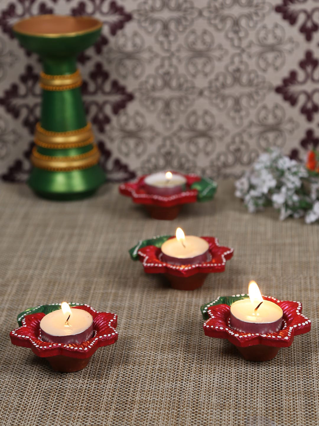 Aapno Rajasthan Pack Of 4 Red & Green Floral Design Terracotta Diya