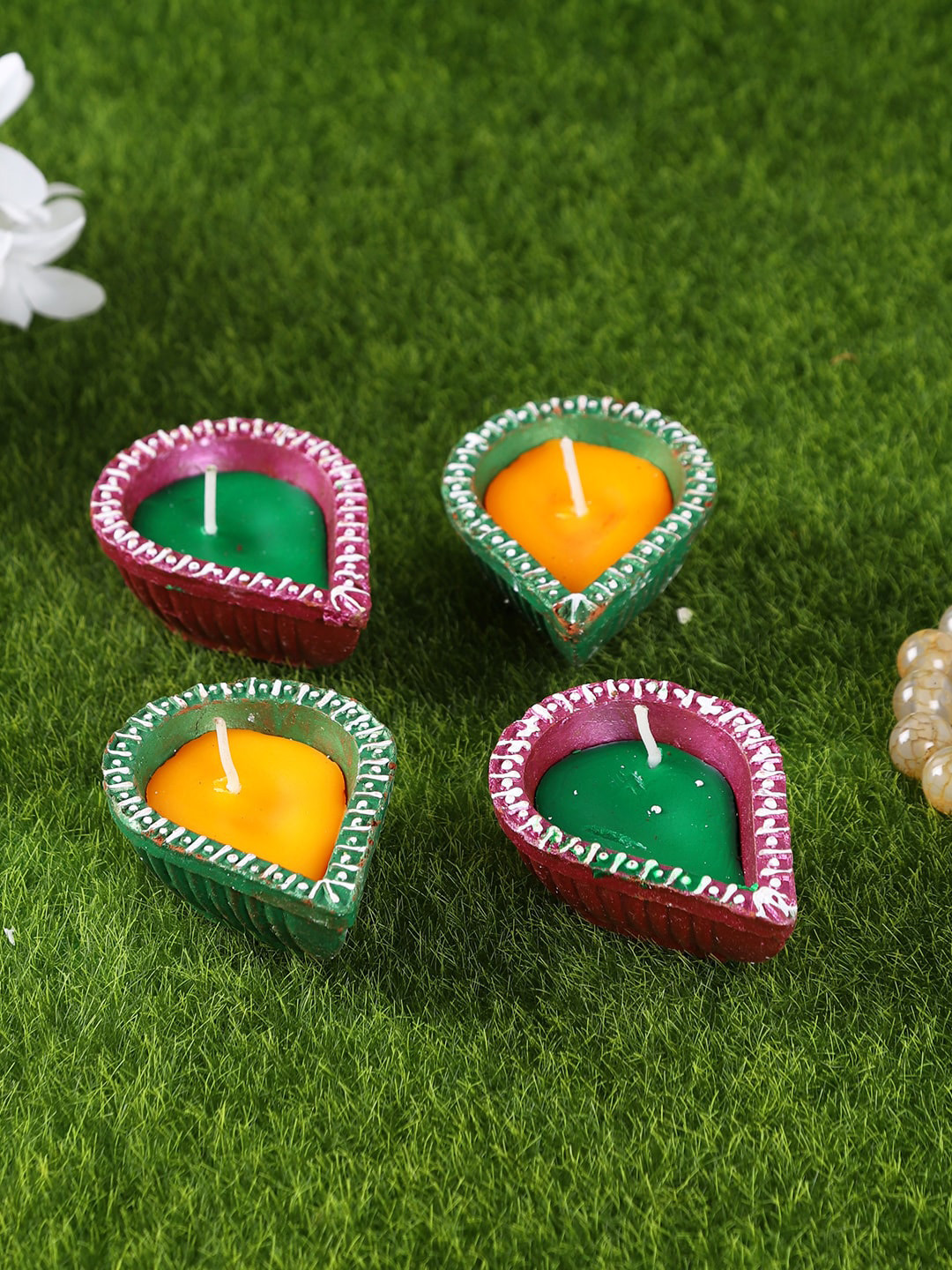 Aapno Rajasthan Set Of 4 Green & Purple Traditional Painted Diyas