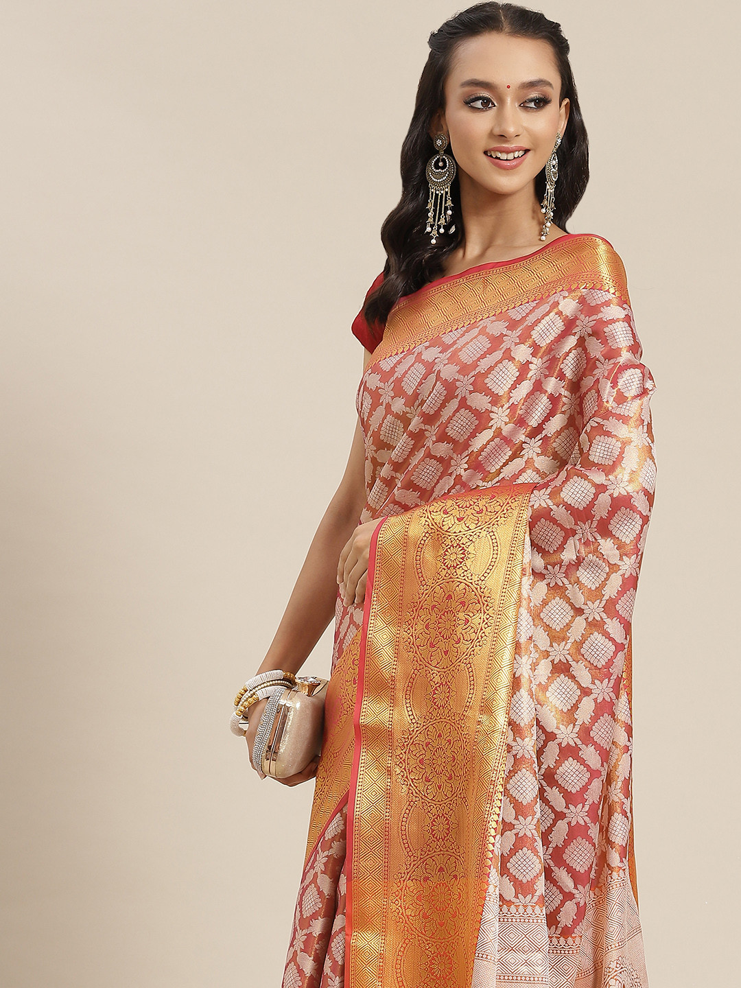 Silk Land Pink Ethnic Motifs Zari Brocade Banarasi Saree