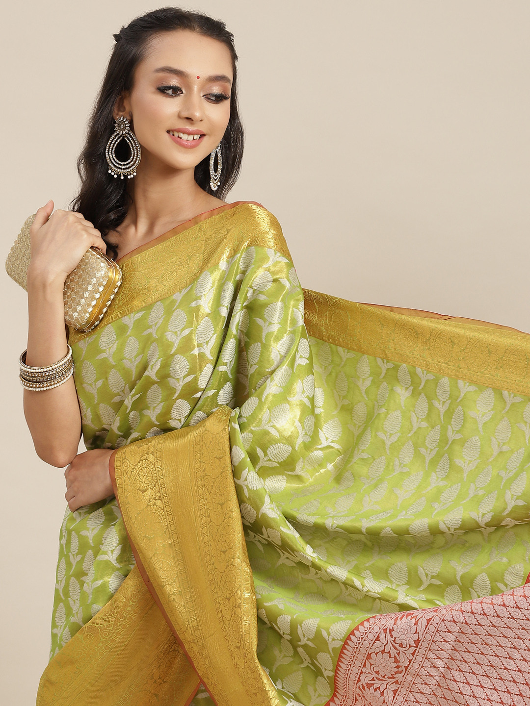 Silk Land Green & Yellow Ethnic Motifs Zari Brocade Banarasi Saree