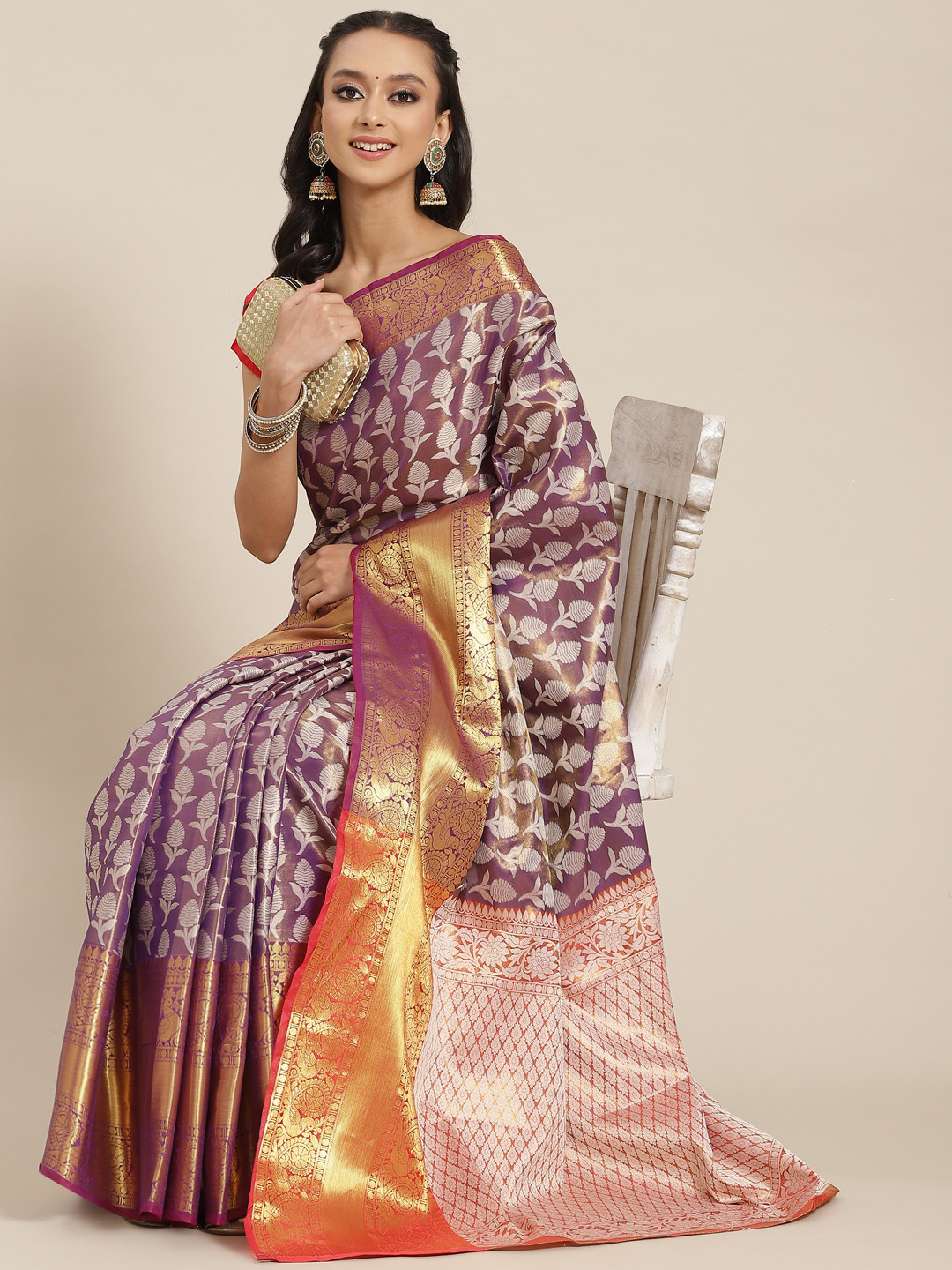 Silk Land Purple Ethnic Motifs Zari Brocade Banarasi Saree