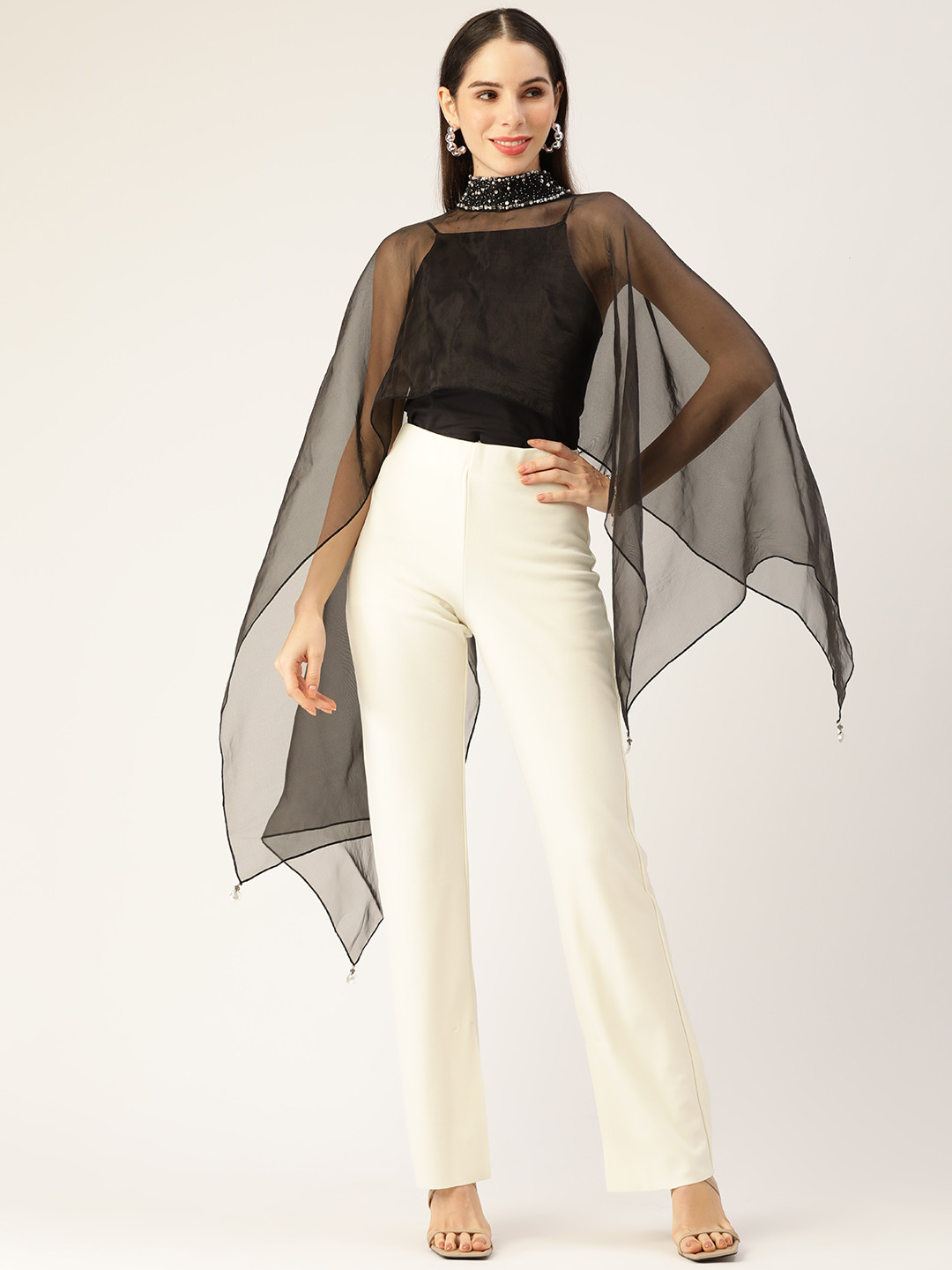 Antheaa Black Solid Jewel Neck Net Crop Top
