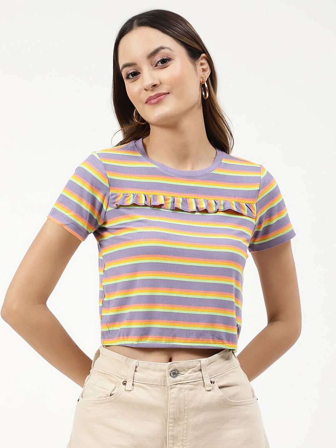 ELLE Women Lavender & Peach-Coloured Striped Slim Fit T-shirt