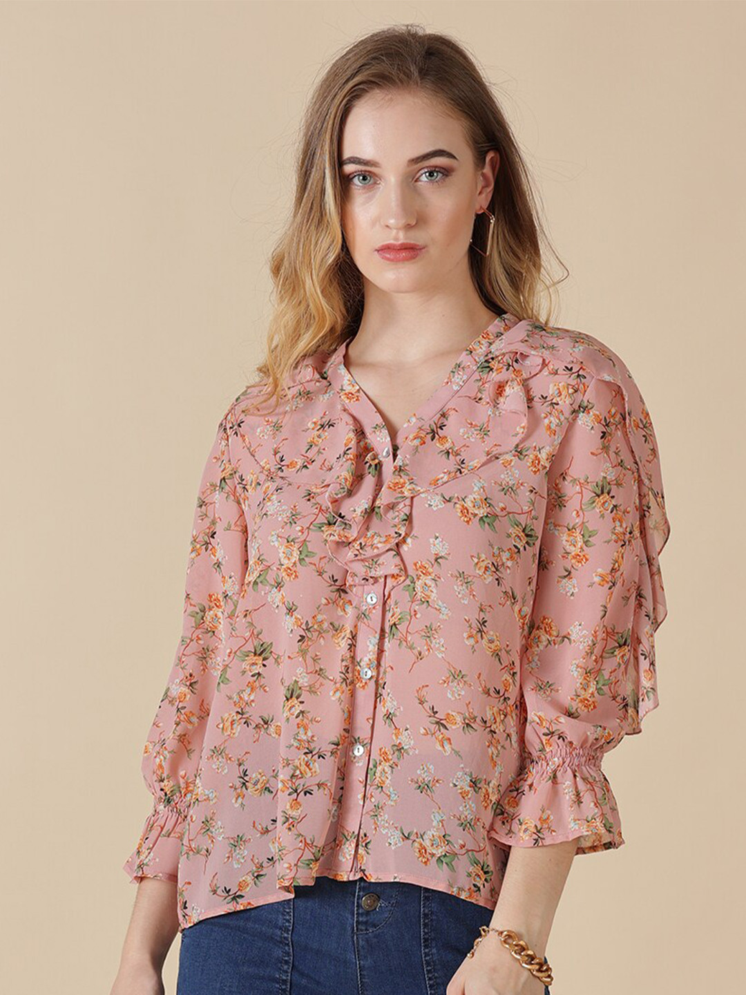 Gipsy Peach-Coloured Floral Printed Georgette Top