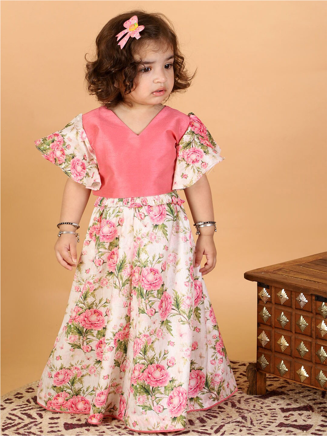VASTRAMAY Girls Pink & Cream-Coloured Ready to Wear Lehenga & Choli