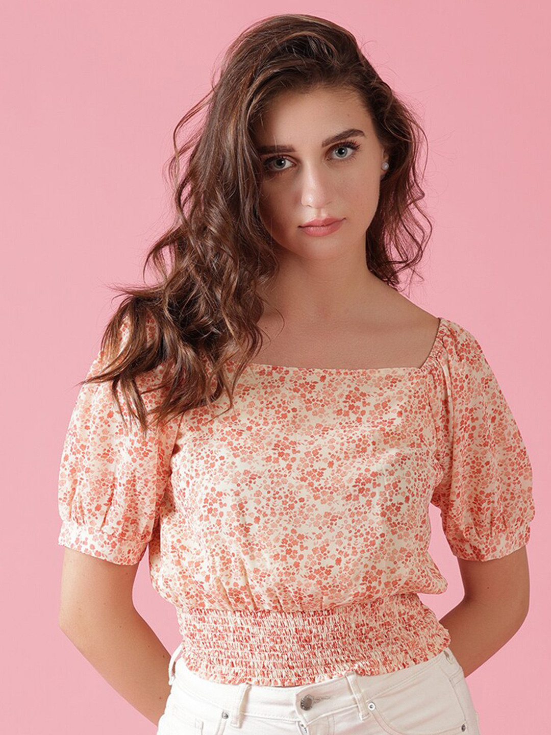 Gipsy Women Orange Floral Print Blouson Georgette  Top