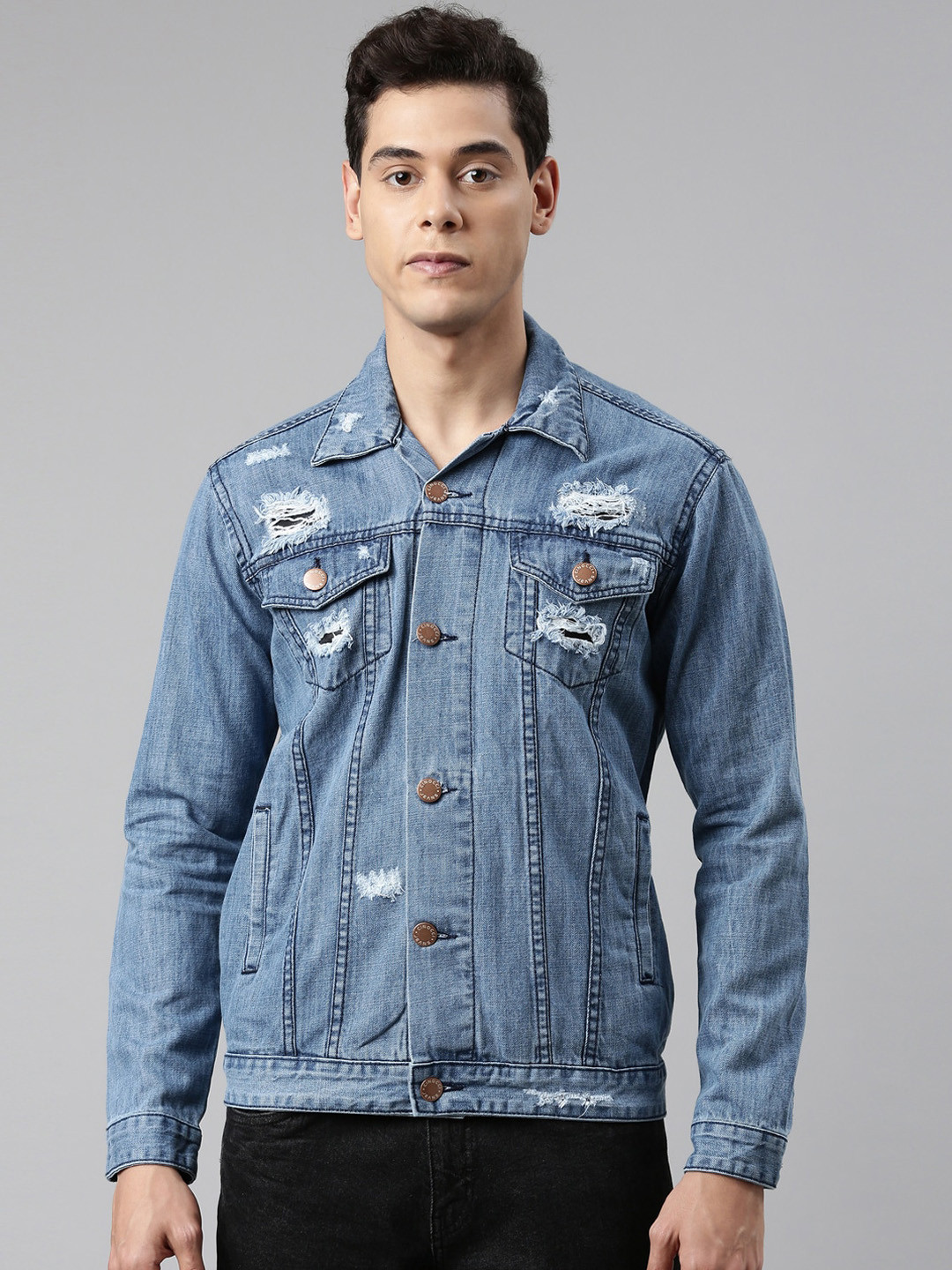 CINOCCI Men Blue Denim Jacket with Patchwork