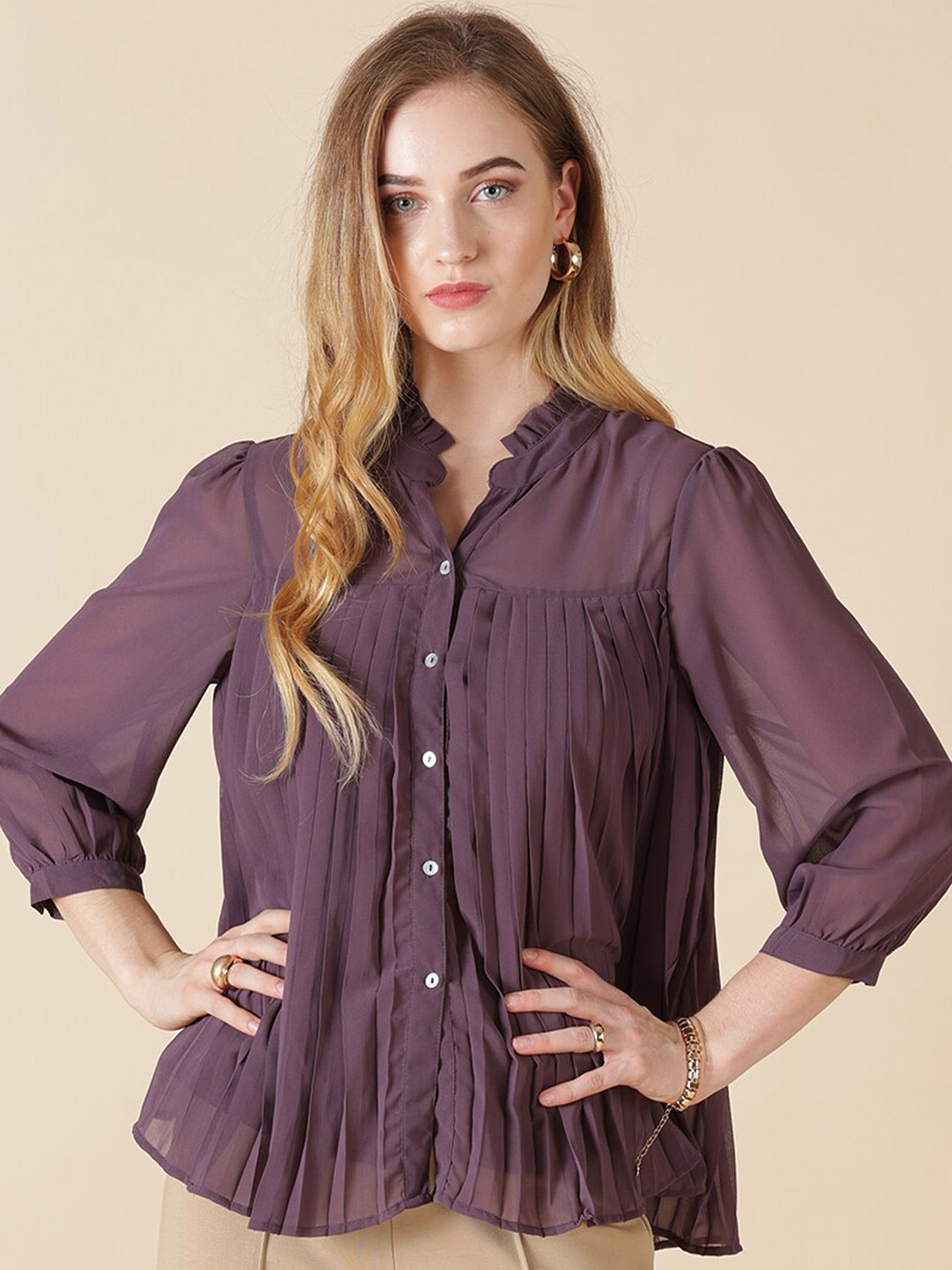 Gipsy Burgundy Mandarin Collar Shirt Style Top