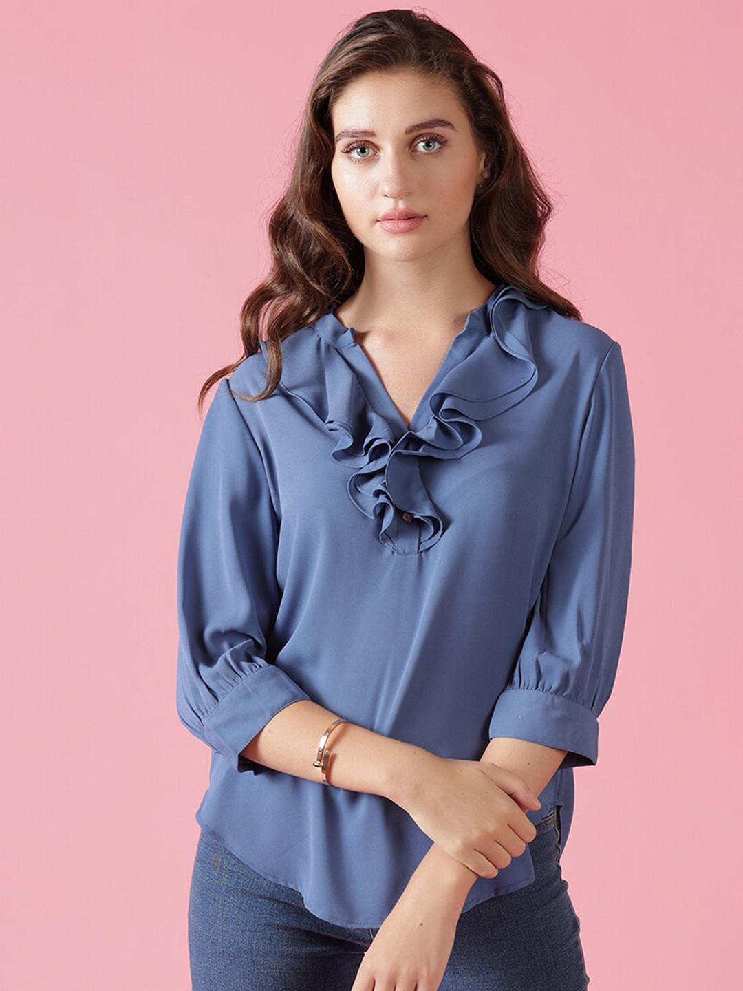Gipsy Blue Mandarin Collar Roll-Up Sleeves Top