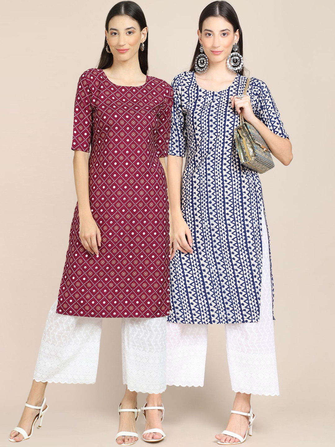 7Threads Women Rust & Blue Geometric Printed Block Print Handloom Crepe Kurta