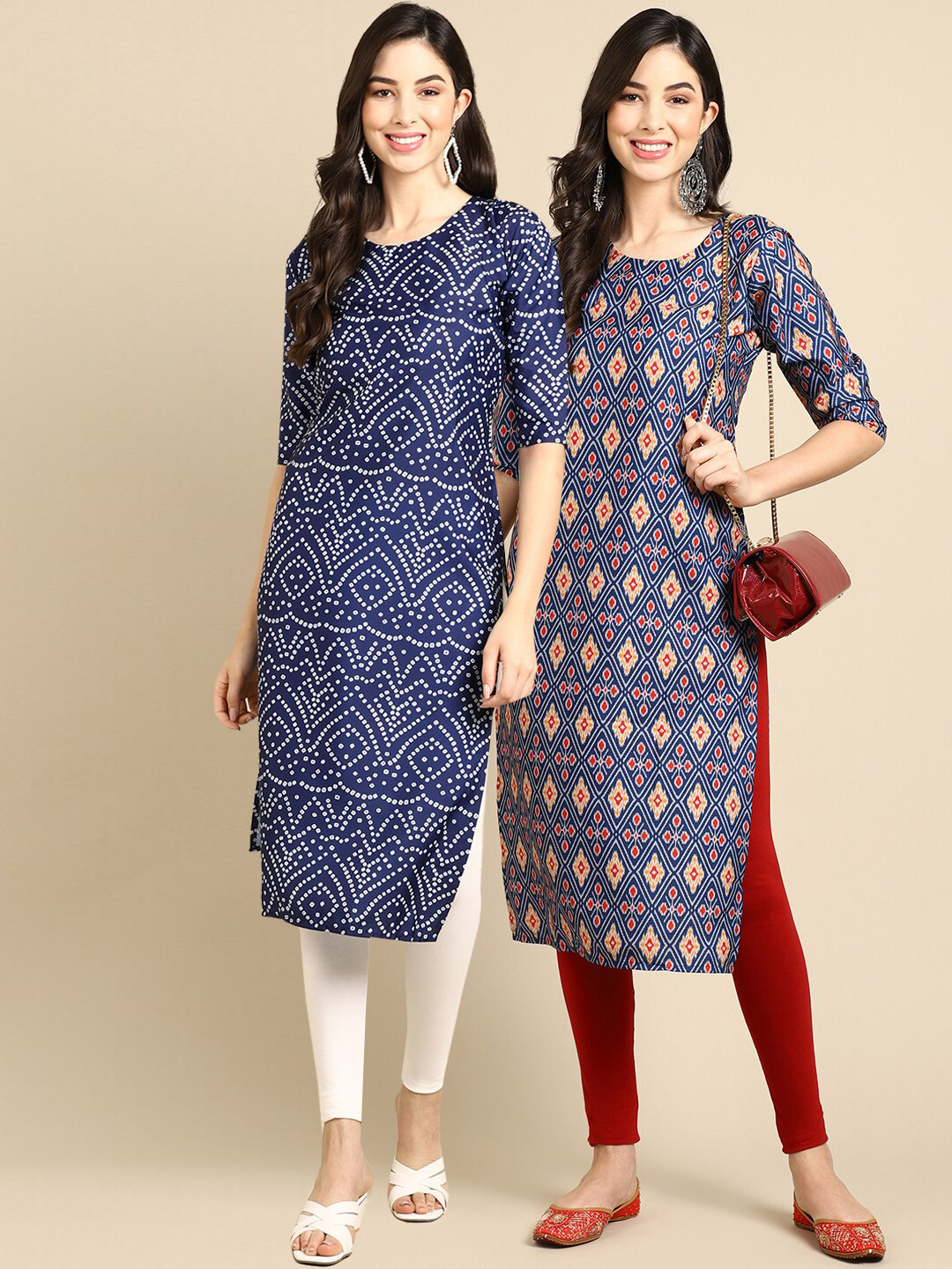 7Threads Women Pack of 2 Block Navy Blue and Blue Print Handloom Crepe Kurta