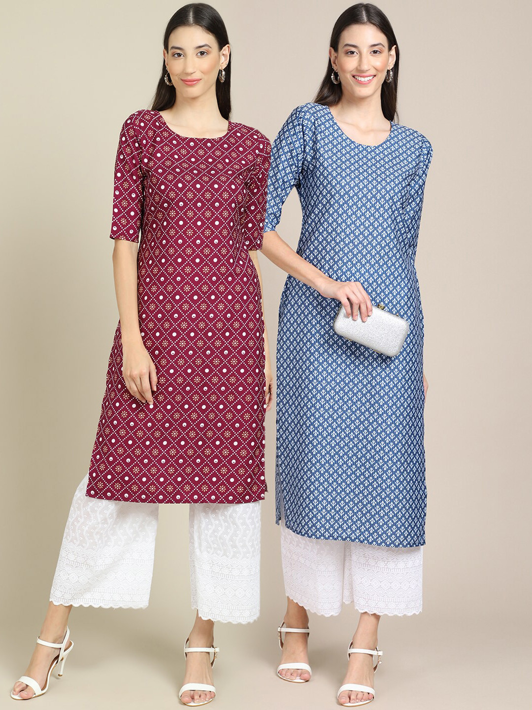 7Threads Women's Crepe Maroon & Blue Color Printed Straight Handloom Kurta (PACK OF 2)