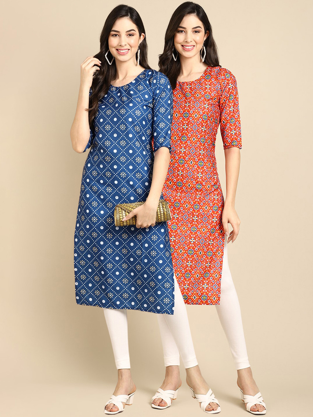 7Threads Women's Crepe Blue & Orange Color Printed Straight Handloom Kurta (PACK OF 2)