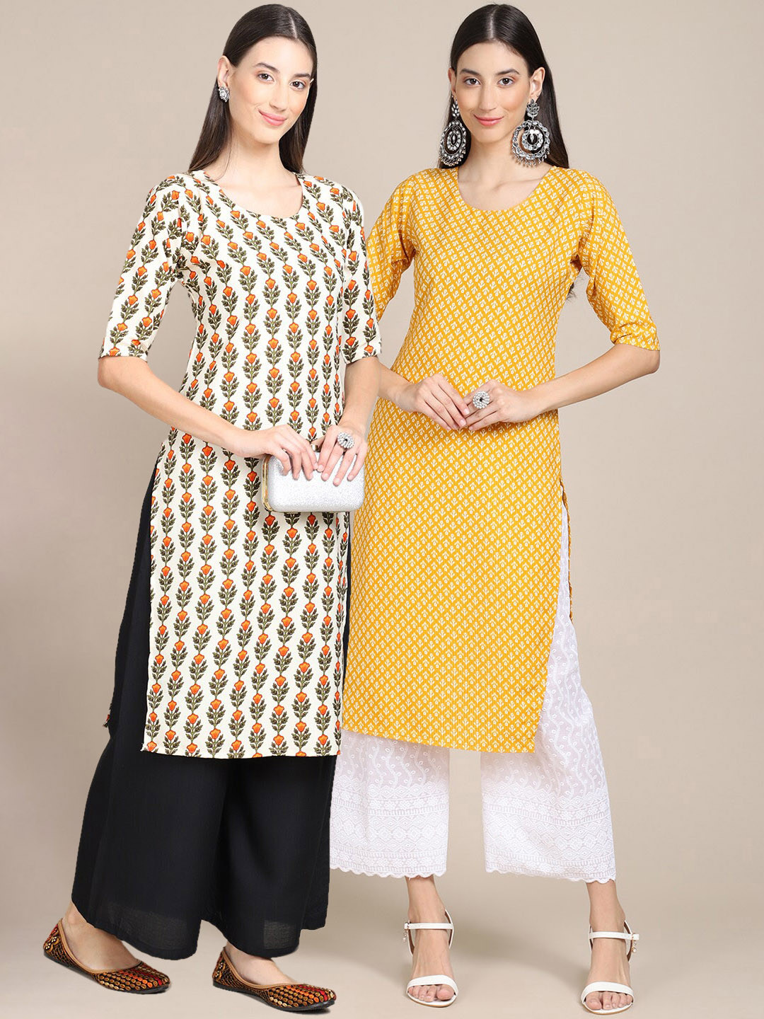 7Threads Women Pack Of 2Cream-Coloured & Yellow Geometric Printed Block Print Crepe Kurtas
