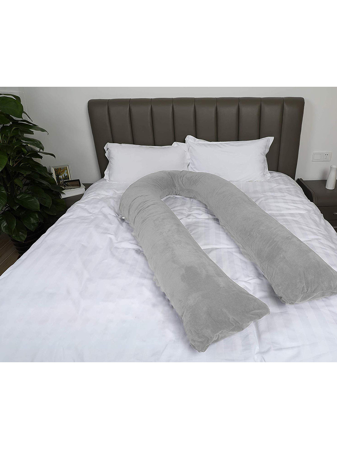Pum Pum Hollow Fiber Grey Solid Faux Velvet Adjustable Medium Fibre Maternity Pillow-137 x 80 cm