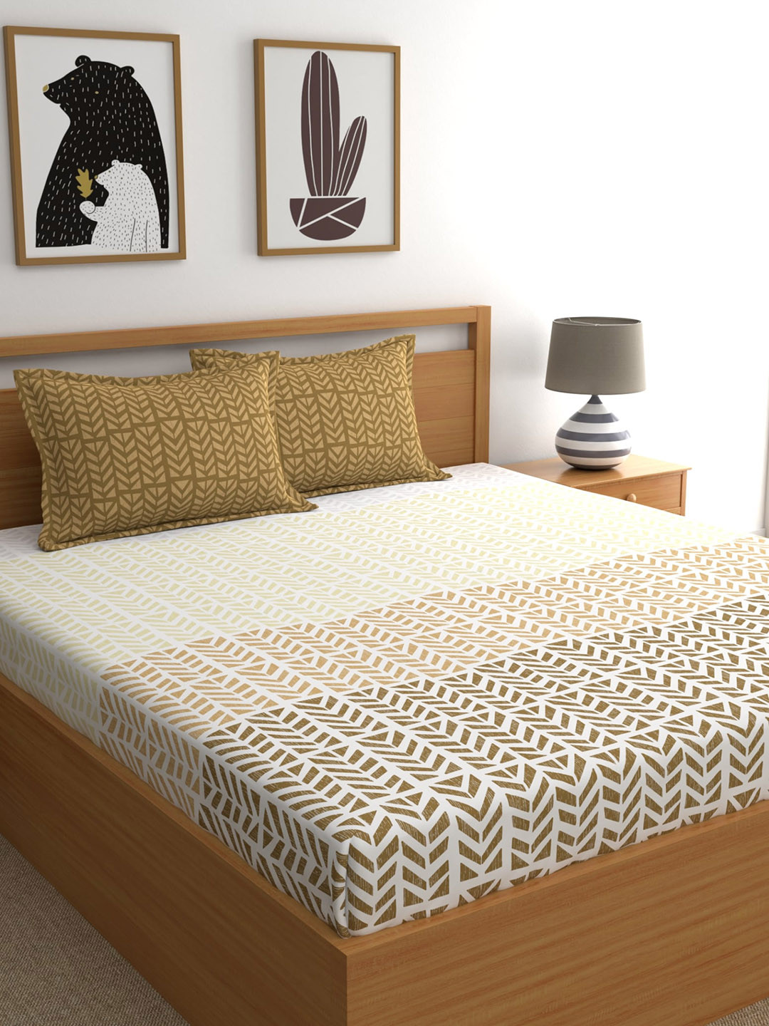 Home Ecstasy Brown Abstract Pure Cotton 140 TC Fitted King Bedsheet with 2 Pillow Covers-72 x 78 inches