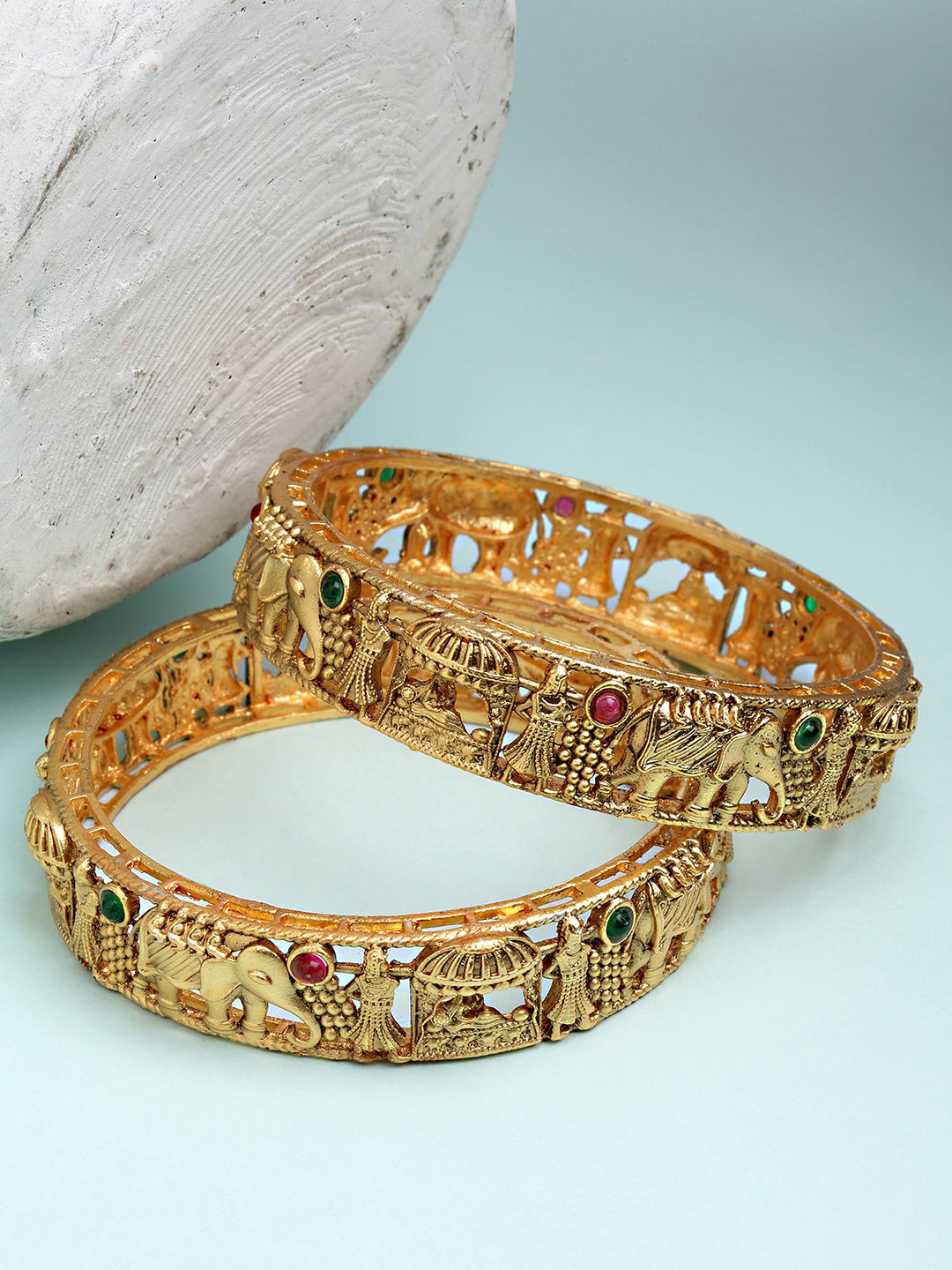 KARATCART Set Of 2 Gold-Plated Rajwadi Temple Bangles