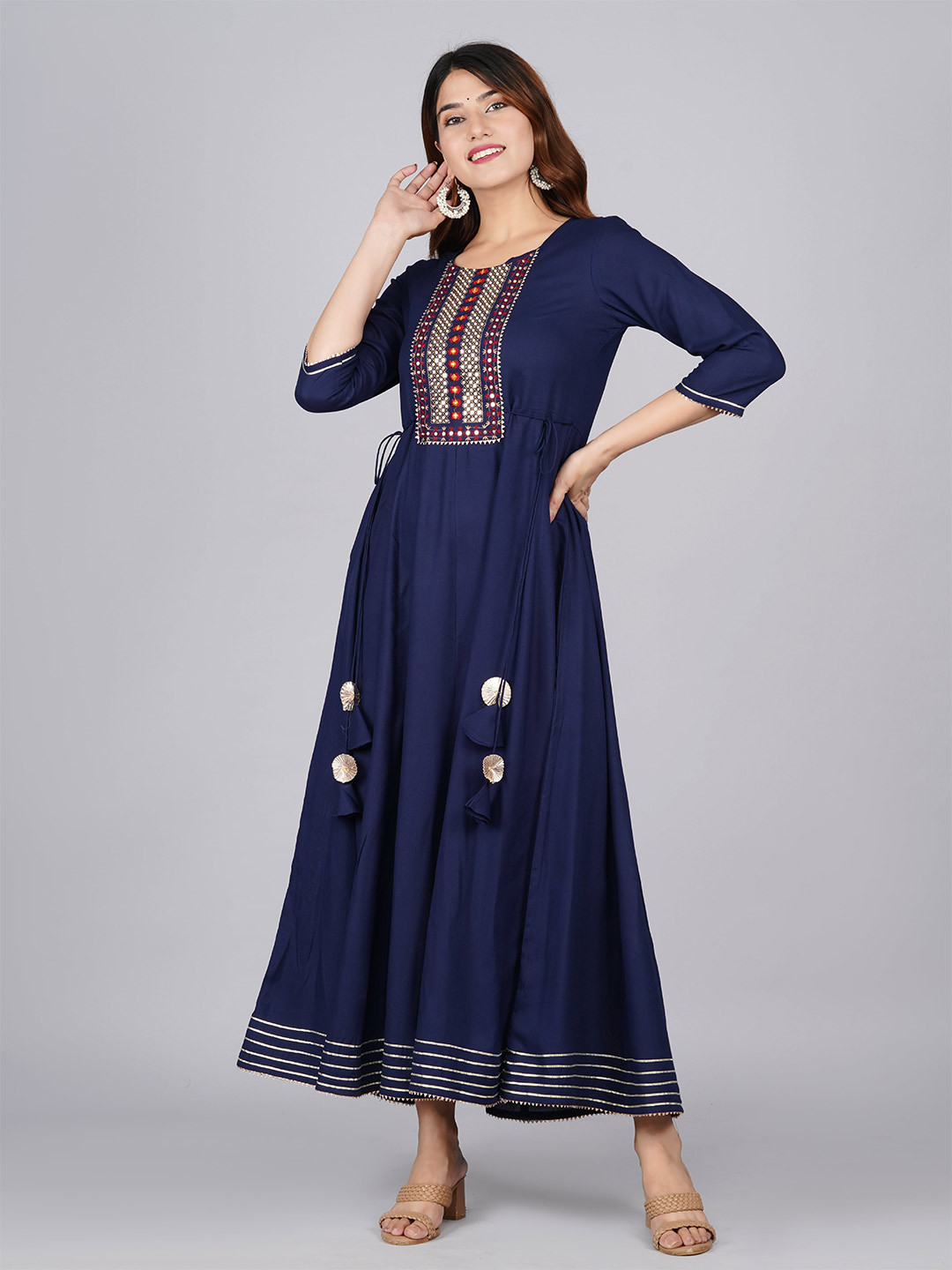 KALINI Navy Blue Embroidered Ethnic Maxi Dress