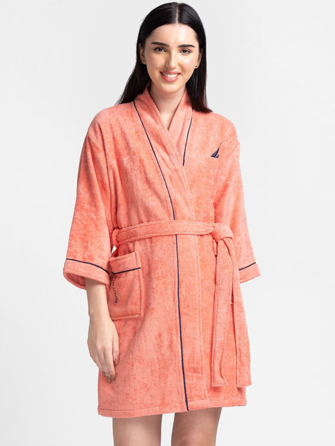 Nautica Women Coral-Colored Solid Pure Cotton Robe