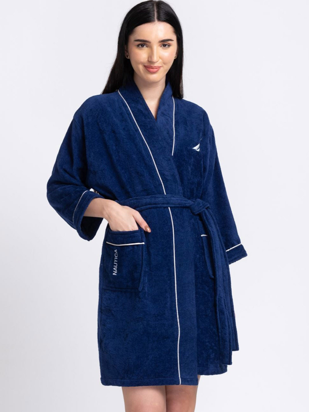 Nautica Luxurious Ultra Soft, highline Navy Blue Cotton Drawstring Mini Bath Robe-M