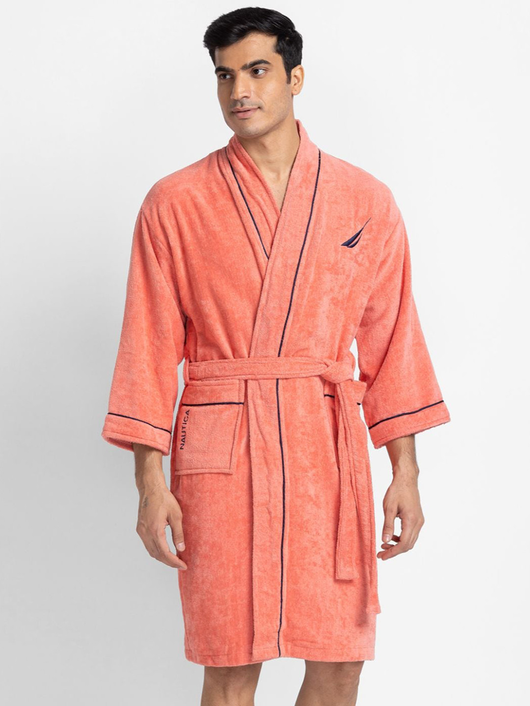 Nautica Luxurious Ultra Soft Coral Cotton Drawstring Knee Length Bath Robe-XL