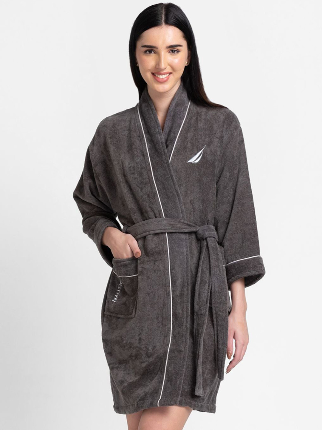 Nautica Luxurious Ultra Soft, highline Grey Solid Cotton Drawstring Mini Bath Robe-M