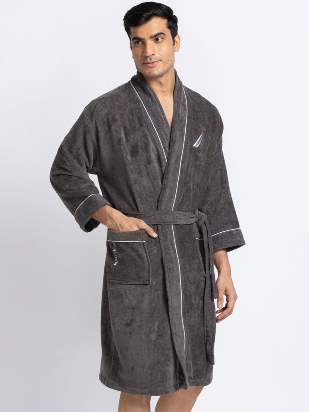 Nautica Luxurious Ultra Soft, highline Grey Cotton Drawstring Knee Length Bath Robe-M