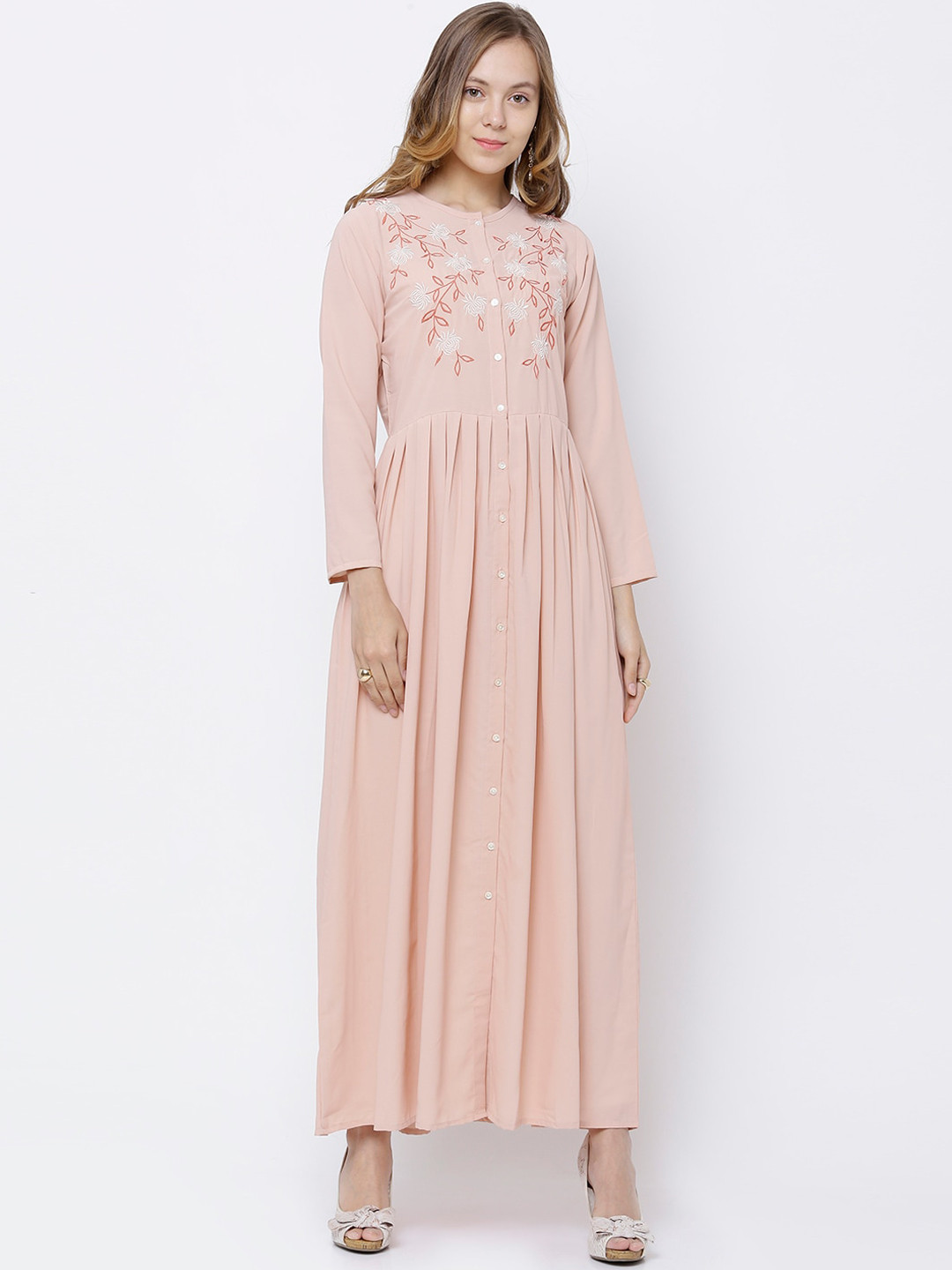 Vishudh Women Peach-Coloured Floral Embroidered Thread Work Anarkali Kurta